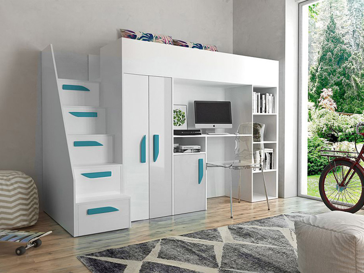 Lit mezzanine Hartford 192 (Blanc + Blanc brillant + Brillant Turquoise)