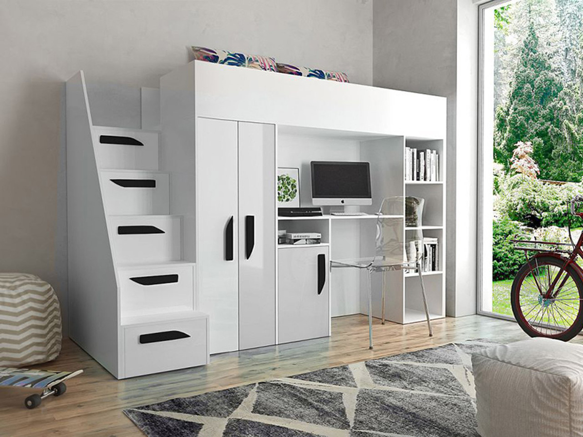 Lit mezzanine Hartford 192 (Blanc + Blanc brillant + Noir brillant)