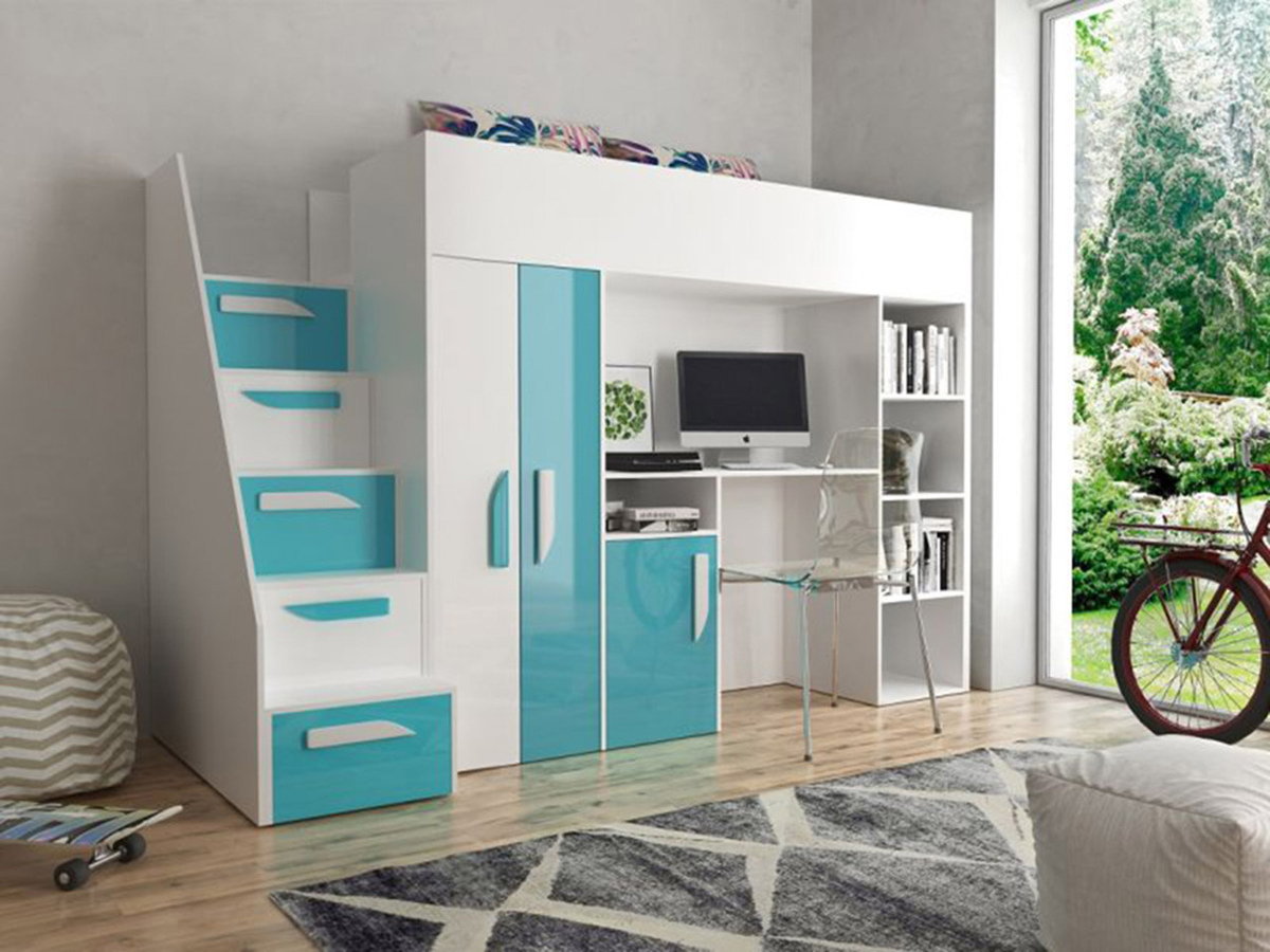 Lit mezzanine Hartford 192 (Blanc + Brillant Turquoise + Blanc brillant)