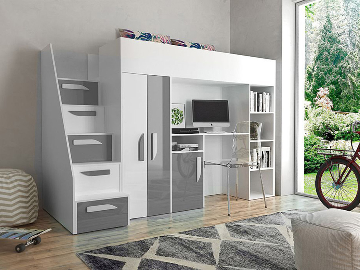 Lit mezzanine Hartford 192 (Blanc + Gris brillant + Blanc brillant)