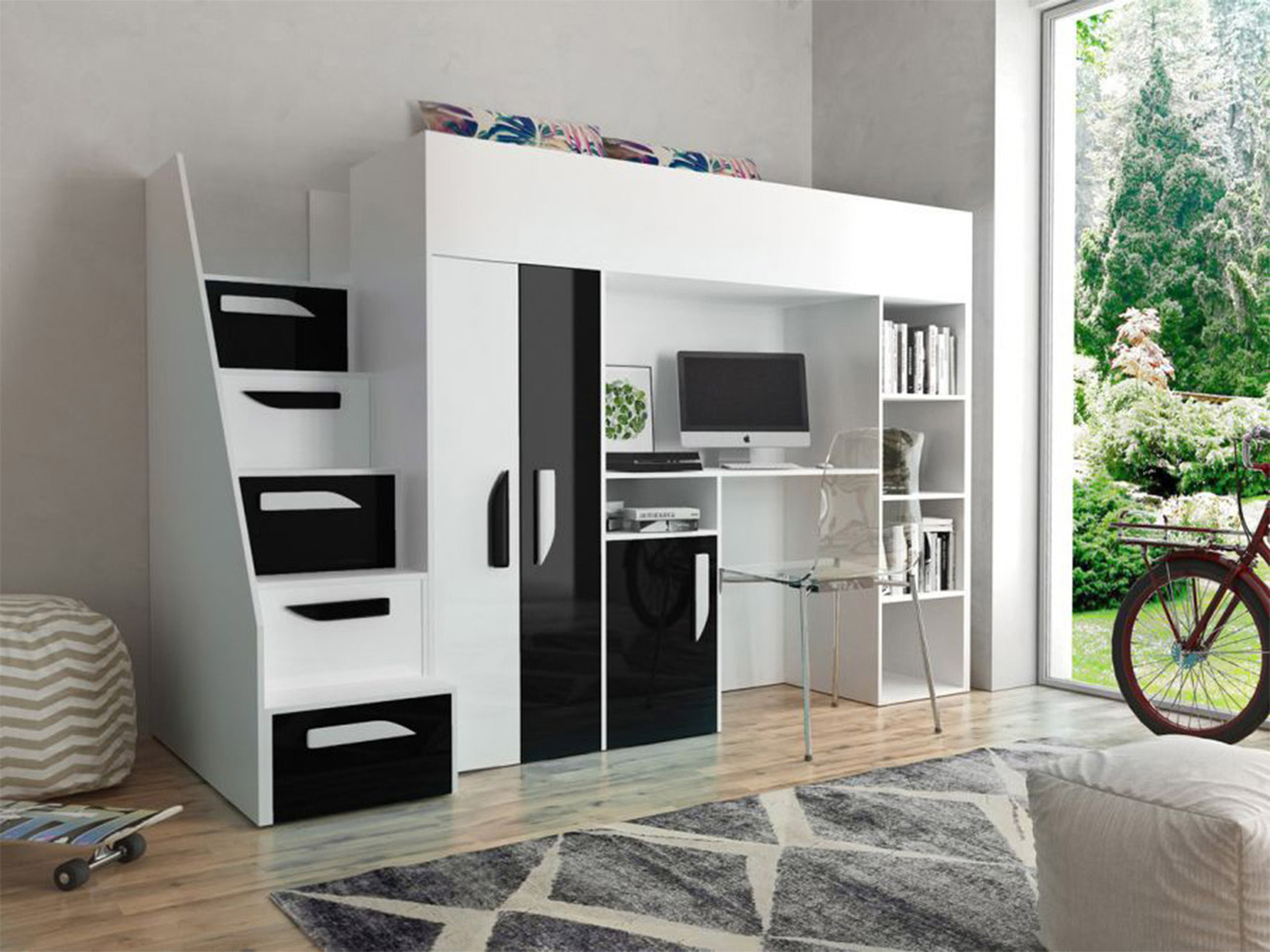 Lit mezzanine Hartford 192 (Blanc + Noir brillant + Blanc brillant)