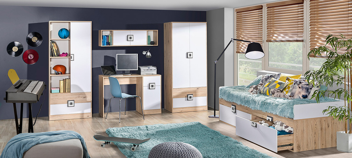 Armoire Balvire 102 (Chêne clair + Blanc + Turquoise)