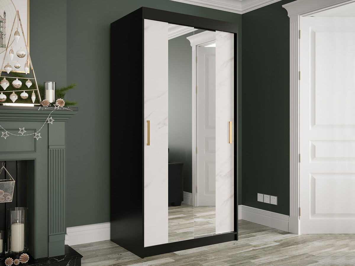 Armoire Hartford 252 (Noir mat + Marbre blanc)