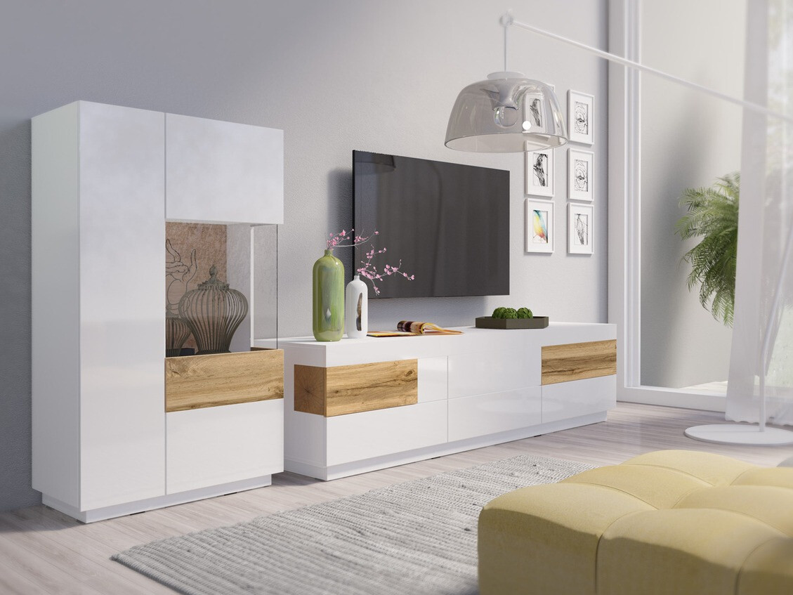 Ensemble de salon Livlore 109 (Blanc + Blanc brillant + Chêne wotan)