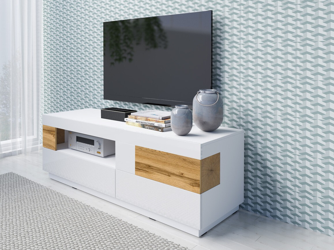 Meuble TV Livlore 103 (Blanc + Blanc brillant + Chêne wotan)