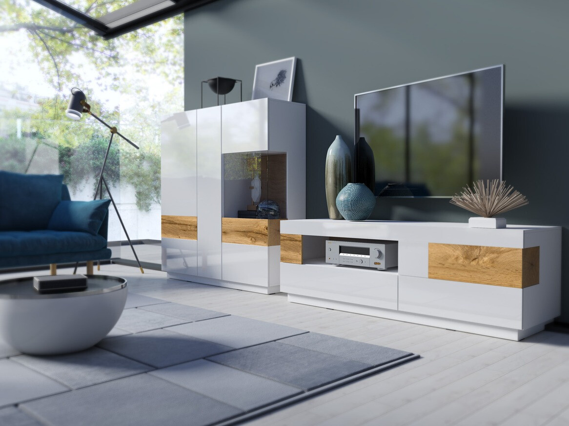 Meuble TV Livlore 103 (Blanc + Blanc brillant + Chêne wotan)