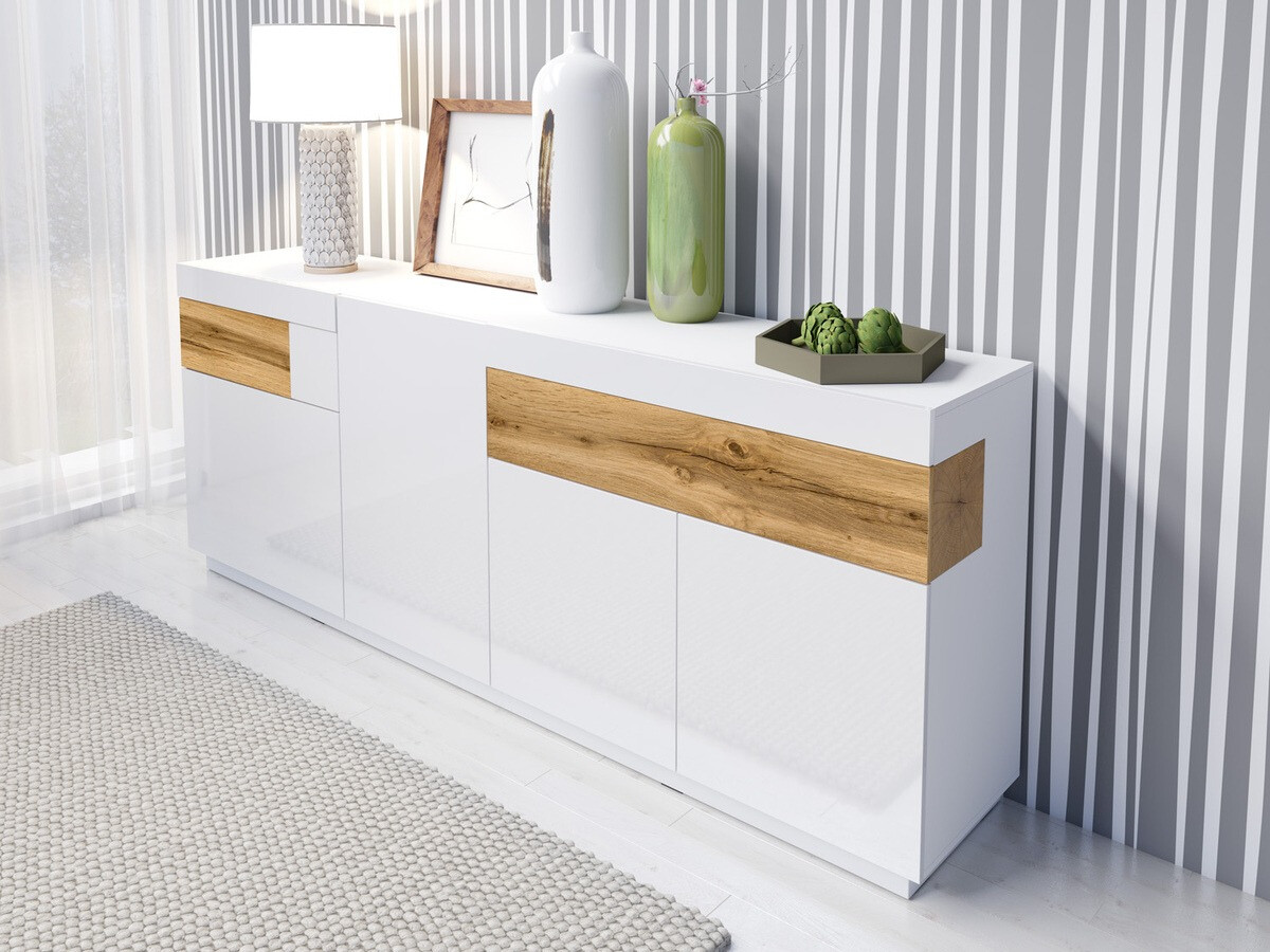 Commode Livlore 101 (Blanc + Blanc brillant + Chêne wotan)