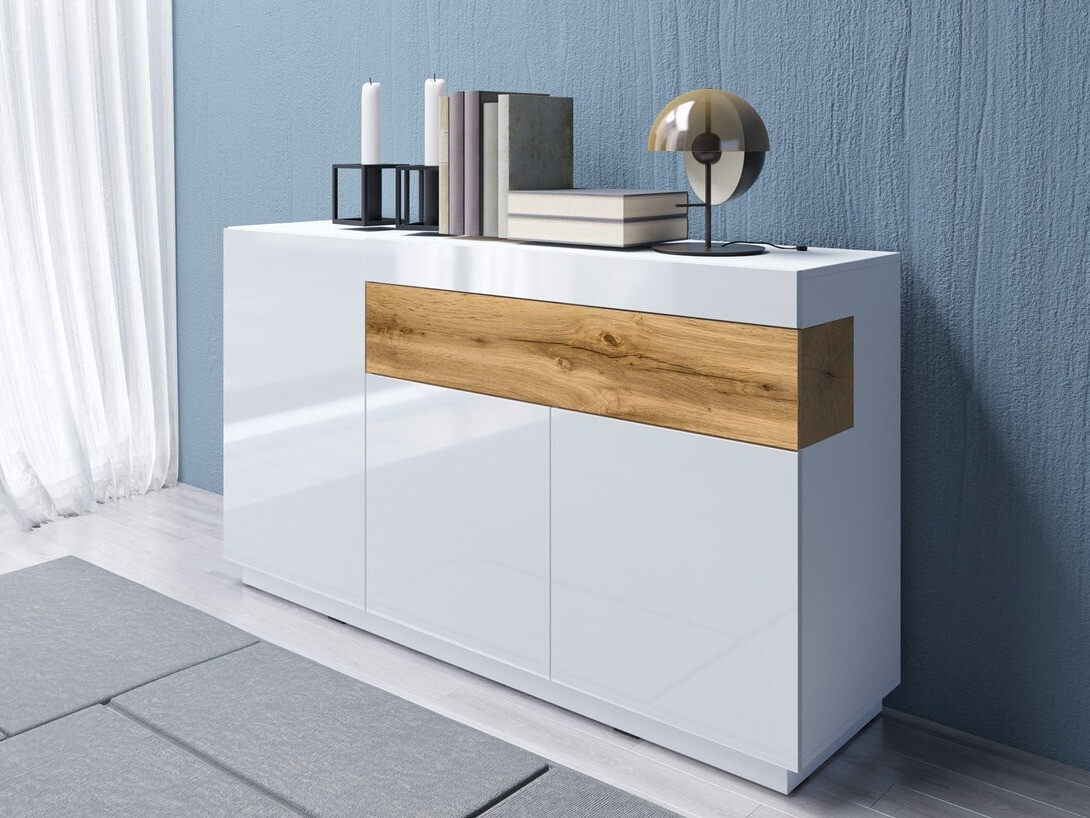 Commode Livlore 105 (Blanc + Blanc brillant + Chêne wotan)