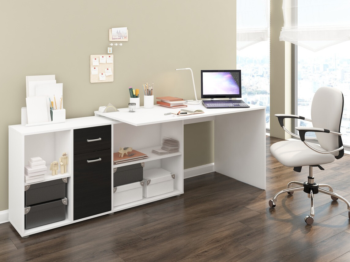 Bureau d'angle Gilroy 113 (Blanc + Noir brillant)