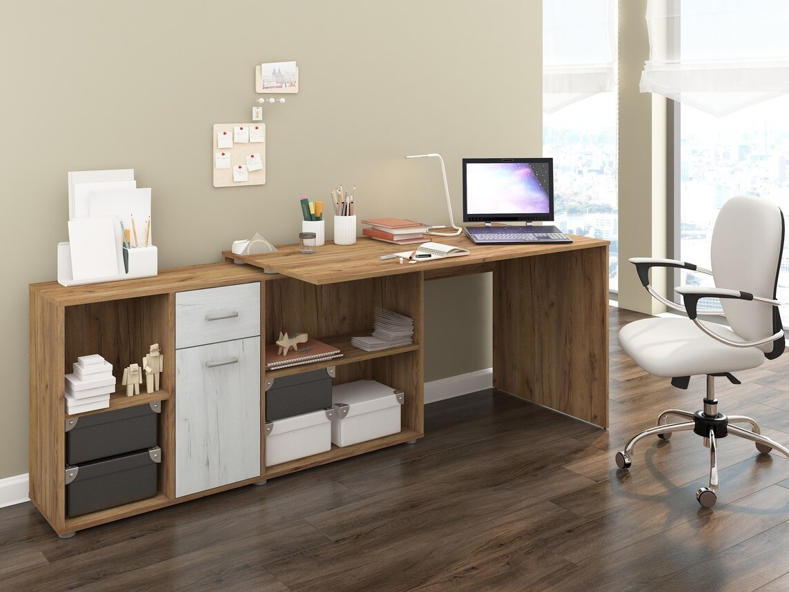 Bureau d'angle Gilroy 113 (Craft chêne + Artisanat blanc)
