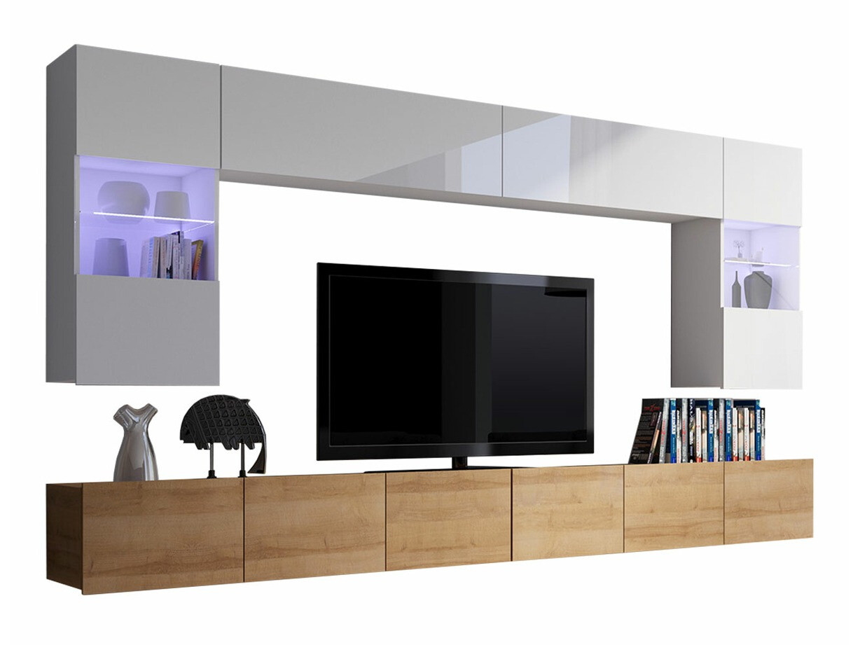 Ensemble de salon Remus I (Chêne doré + Blanc + Blanc brillant)