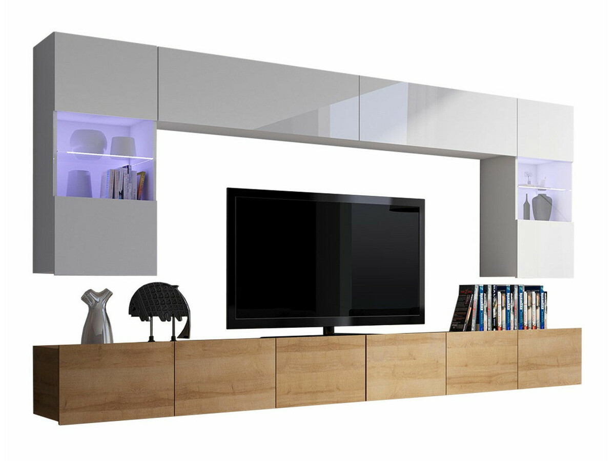 Ensemble de salon Remus I (Chêne doré + Blanc + Blanc brillant)