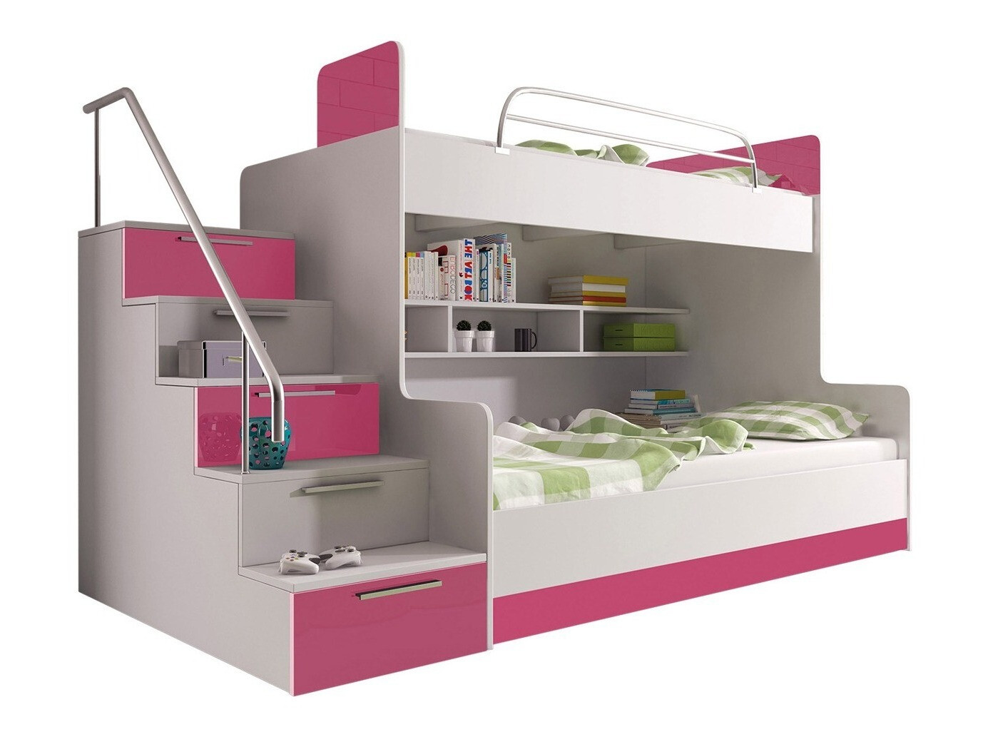 Lit superposé Campus (Blanc + Blanc brillant + Rose brillant)