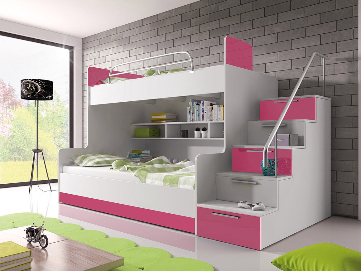 Lit superposé Campus (Blanc + Blanc brillant + Rose brillant)