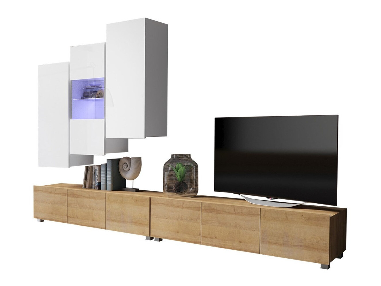 Ensemble de salon Remus XVII (Chêne doré + Blanc + Blanc brillant)