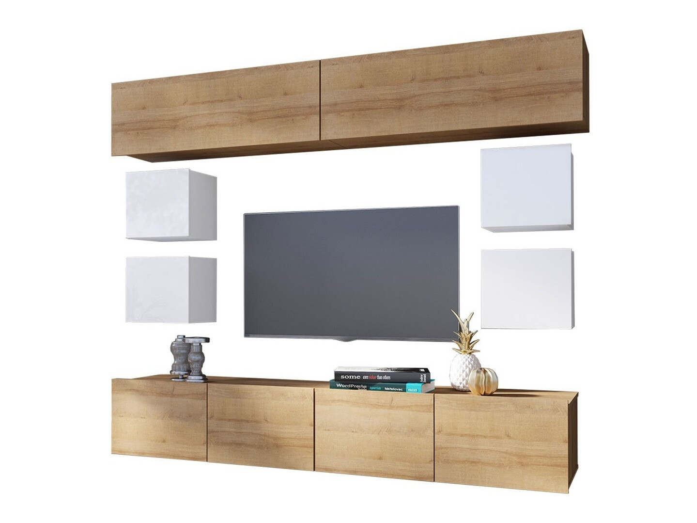 Ensemble de salon Remus XVI (Chêne doré + Blanc + Blanc brillant)