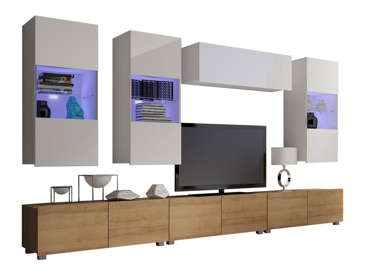 Ensemble de salon Remus XI (Chêne doré + Blanc + Blanc brillant)