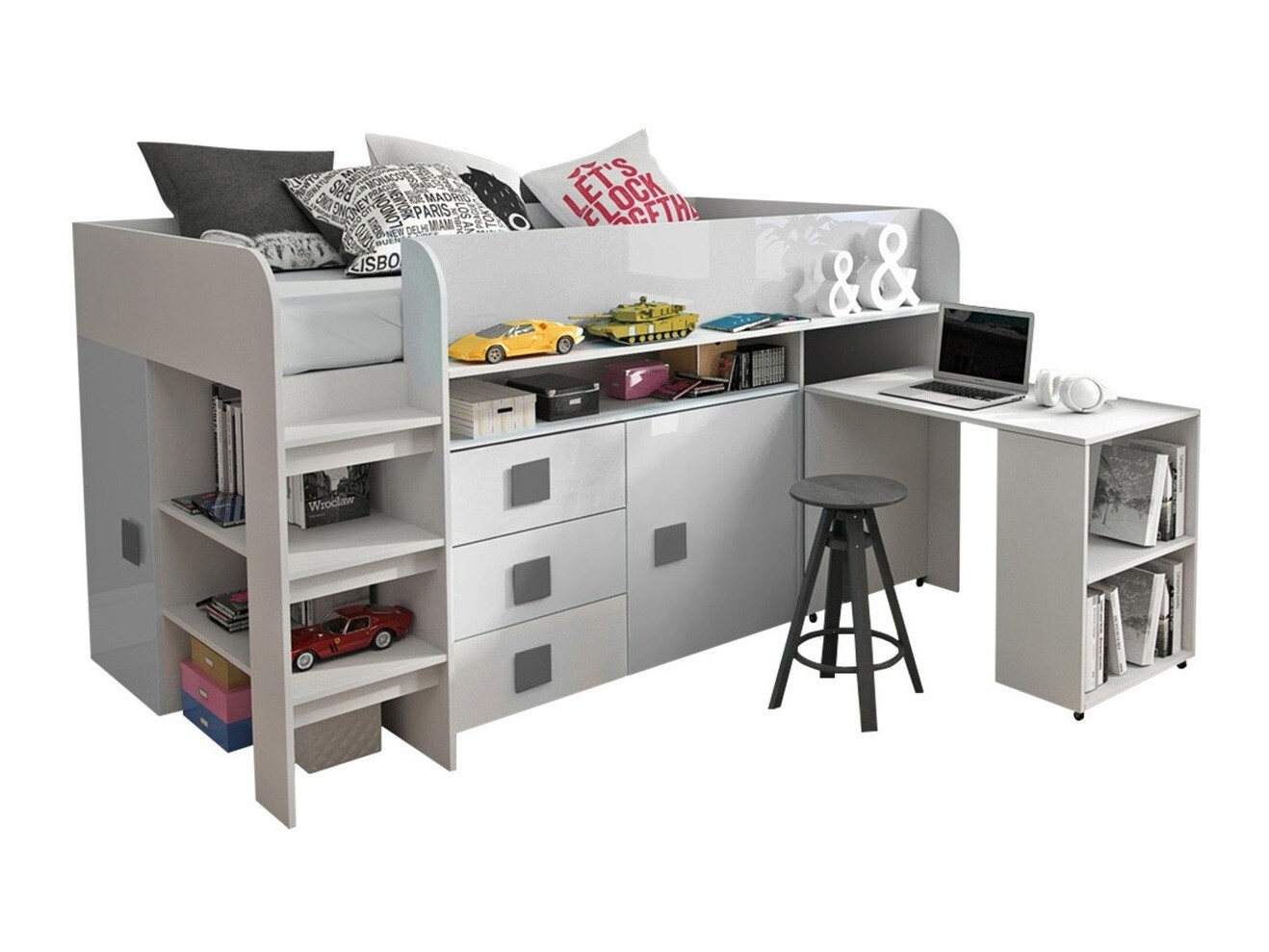 Lit Hartford 190 (Blanc + Blanc brillant + Gris brillant)