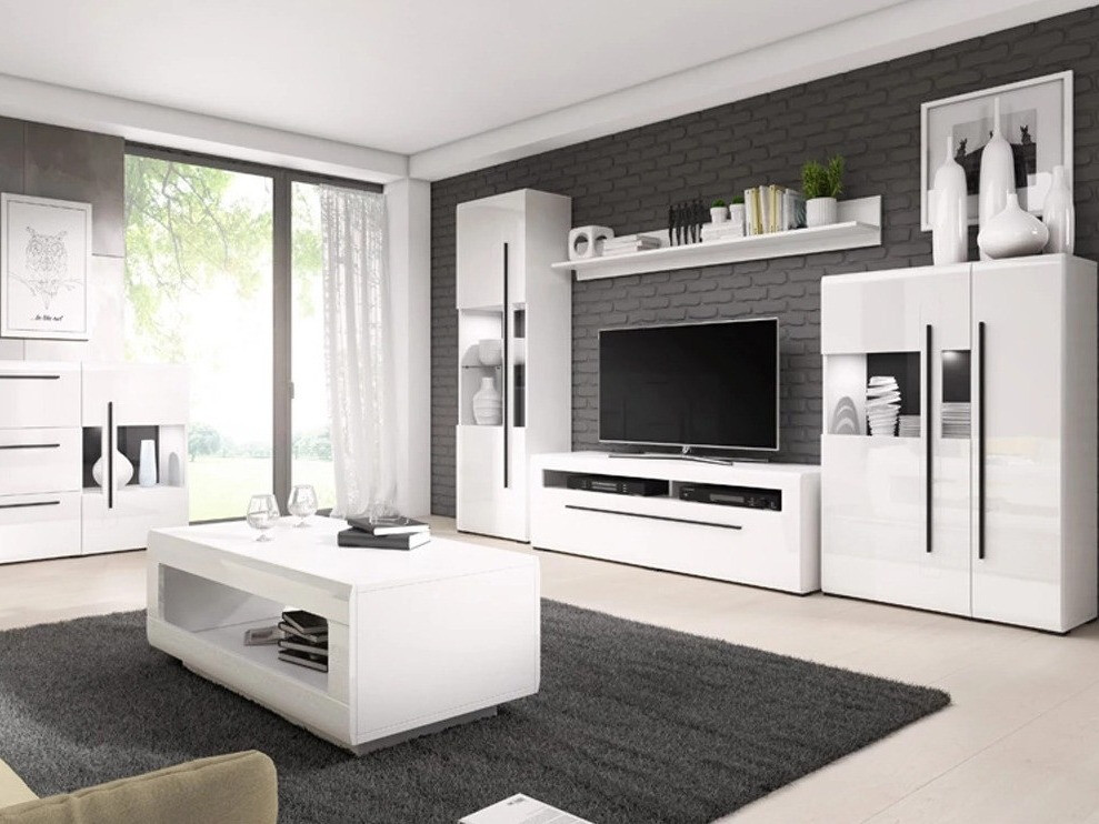 Meuble TV Ophsalu 104 (Blanc + Blanc brillant)