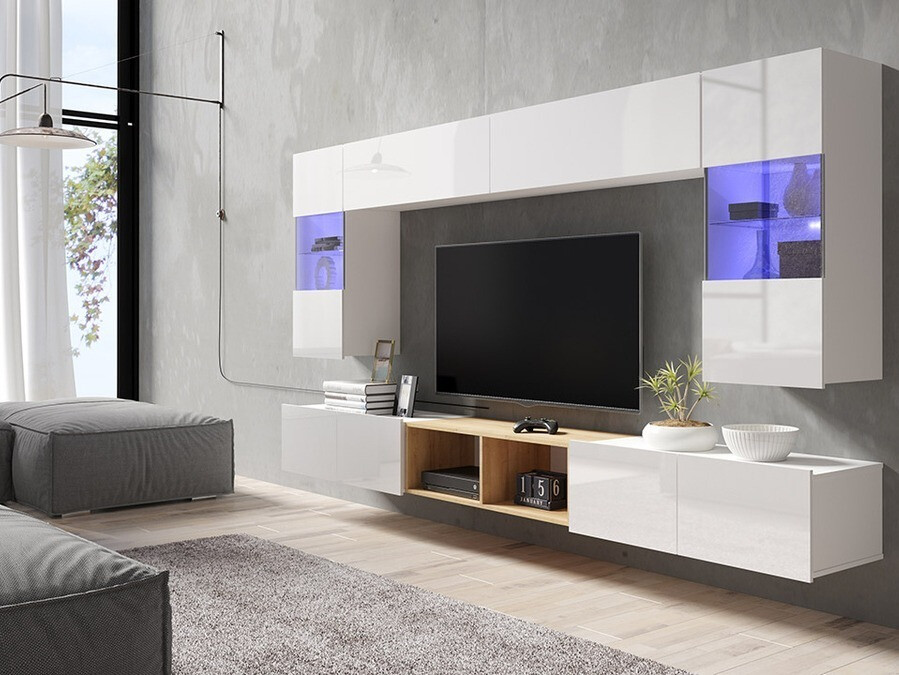 Ensemble de salon Remus XXIV (Blanc + Blanc brillant + Chêne doré)