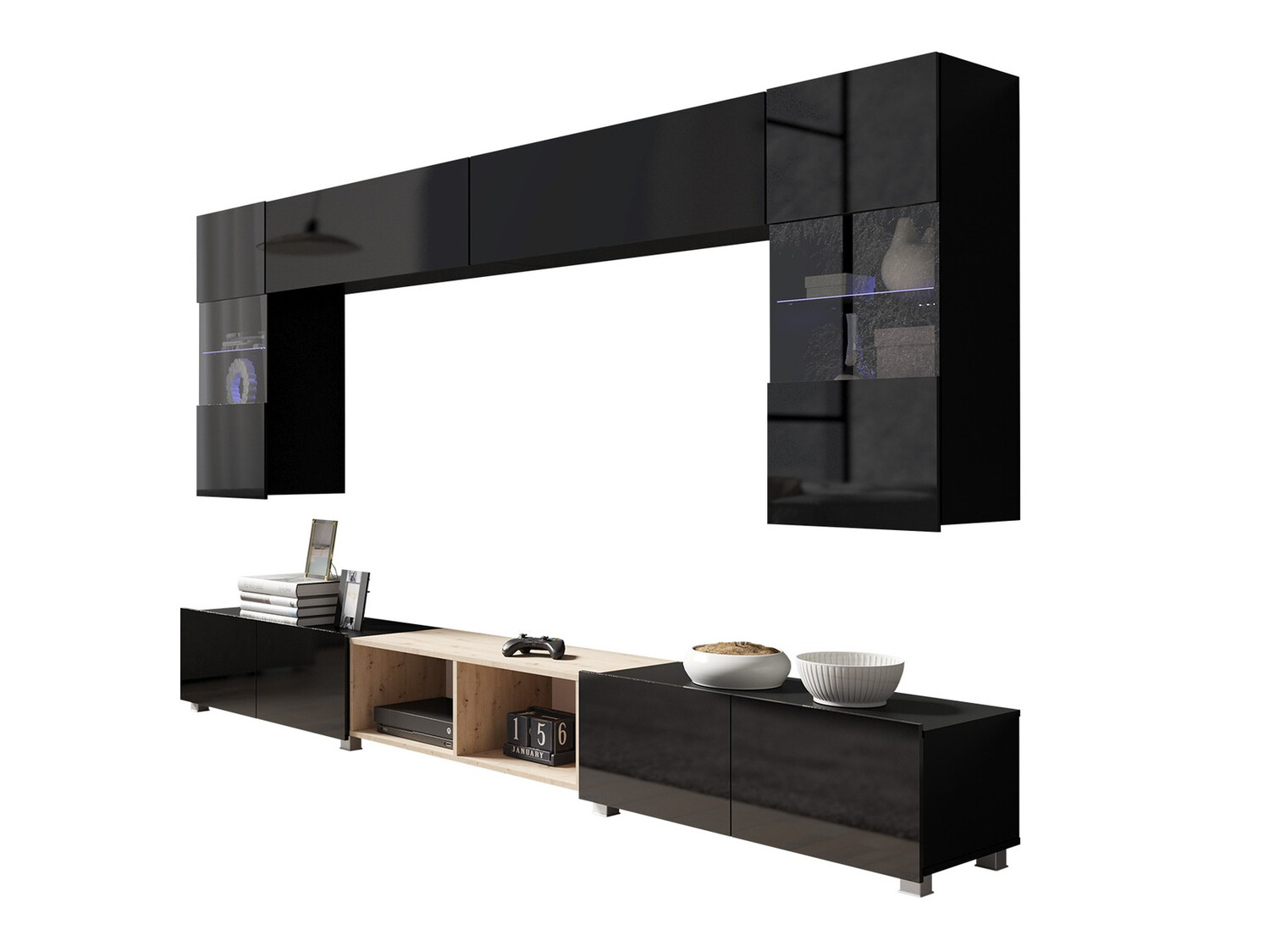 Ensemble de salon Remus XXIV (Noir + Noir brillant + Chêne Artisan)