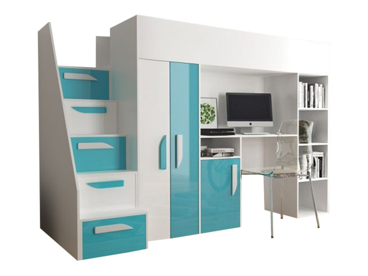 Lit mezzanine Hartford 192 (Blanc + Brillant Turquoise + Blanc brillant)