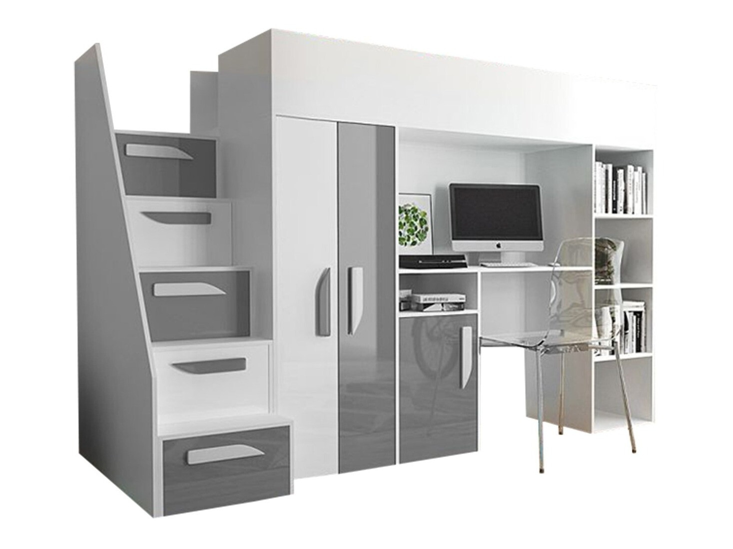 Lit mezzanine Hartford 192 (Blanc + Gris brillant + Blanc brillant)