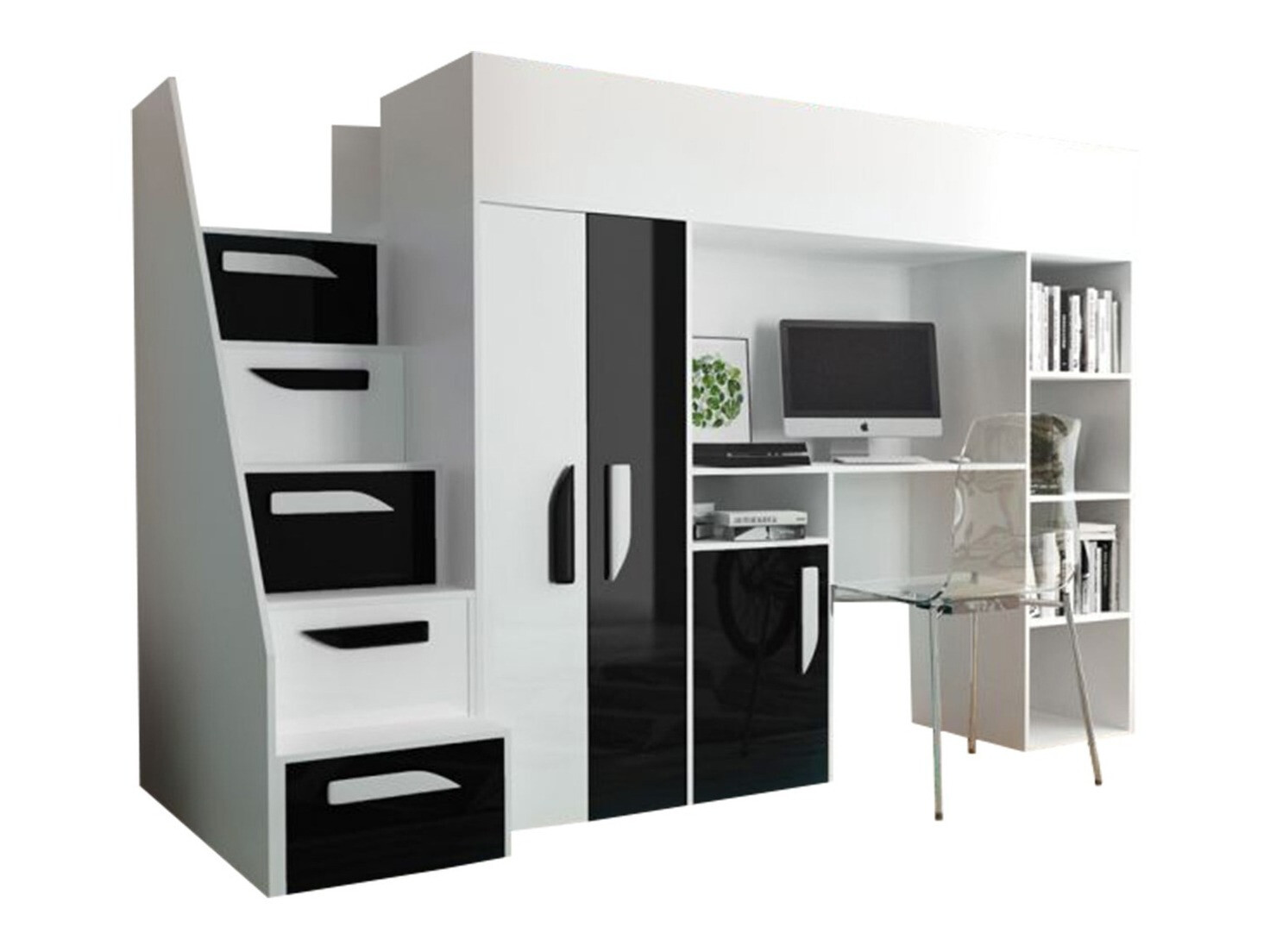 Lit mezzanine Hartford 192 (Blanc + Noir brillant + Blanc brillant)