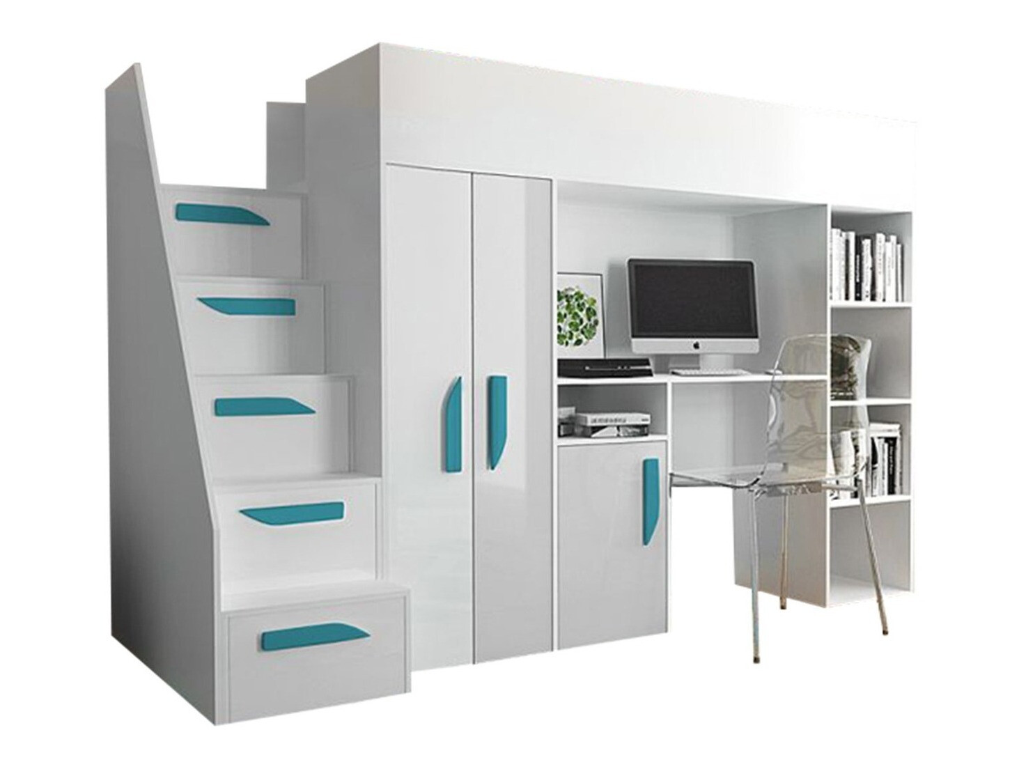 Lit mezzanine Hartford 192 (Blanc + Blanc brillant + Brillant Turquoise)