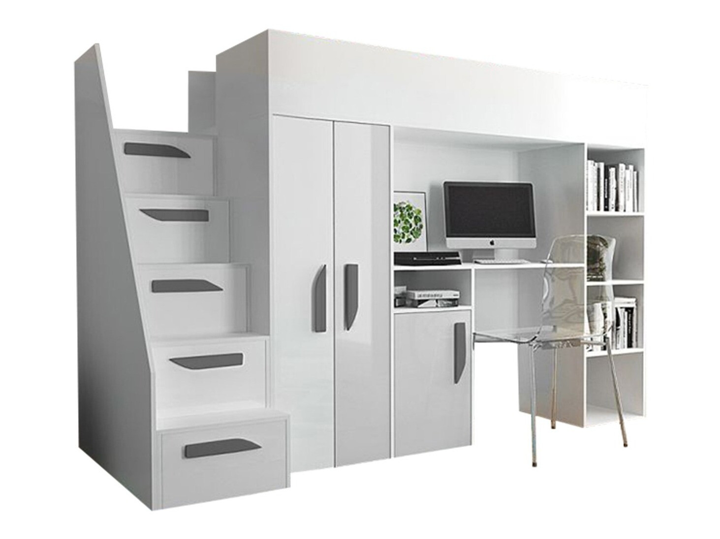 Lit mezzanine Hartford 192 (Blanc + Blanc brillant + Gris brillant)