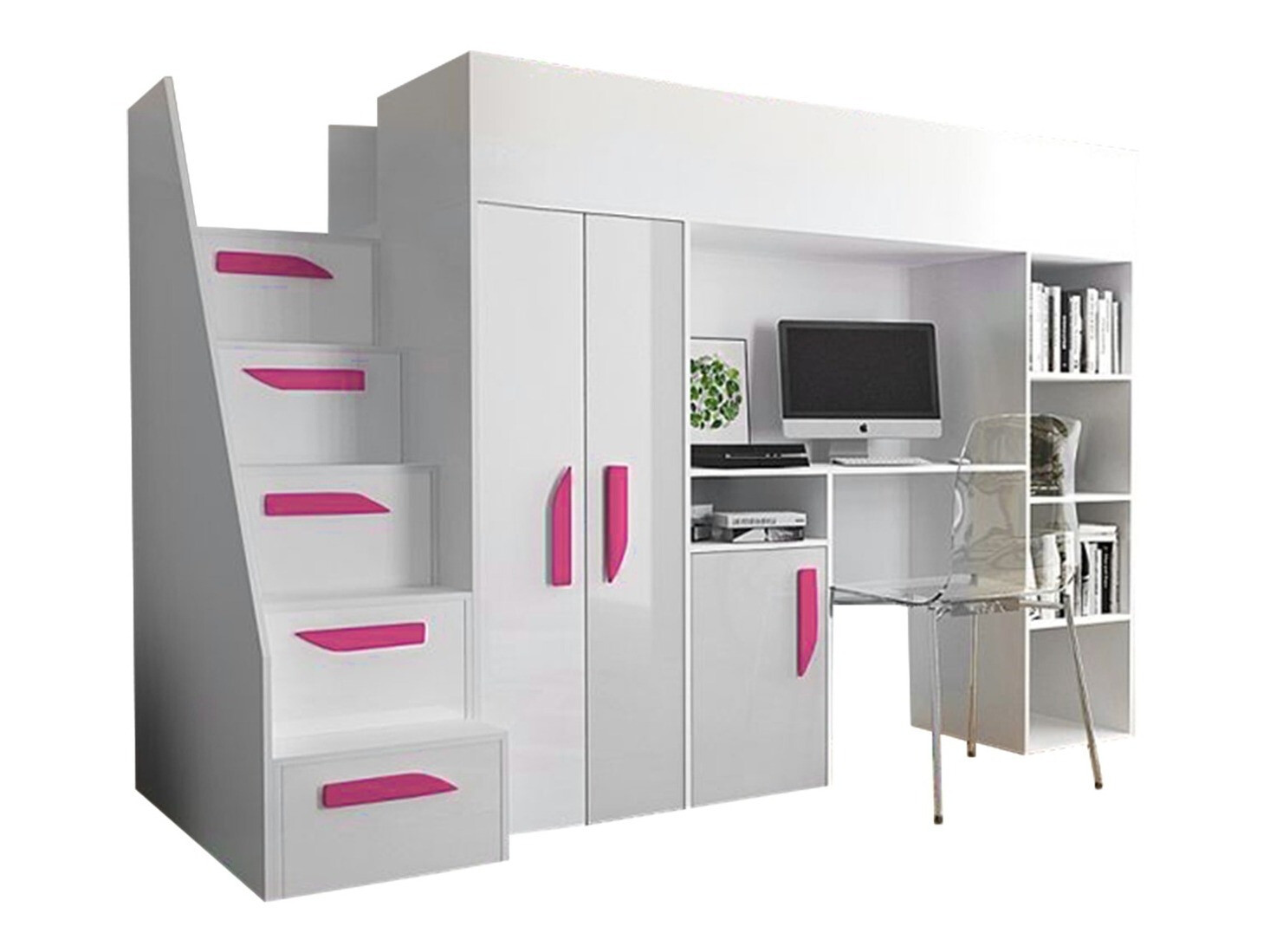 Lit mezzanine Hartford 192 (Blanc + Blanc brillant + Rose brillant)