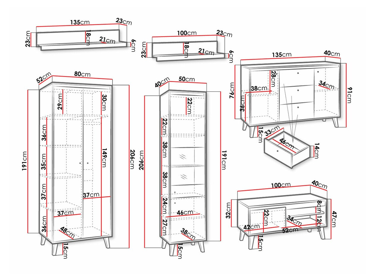 Ensemble de salon Delbene 118 (Chêne clair de San Remo + Mat blanc)