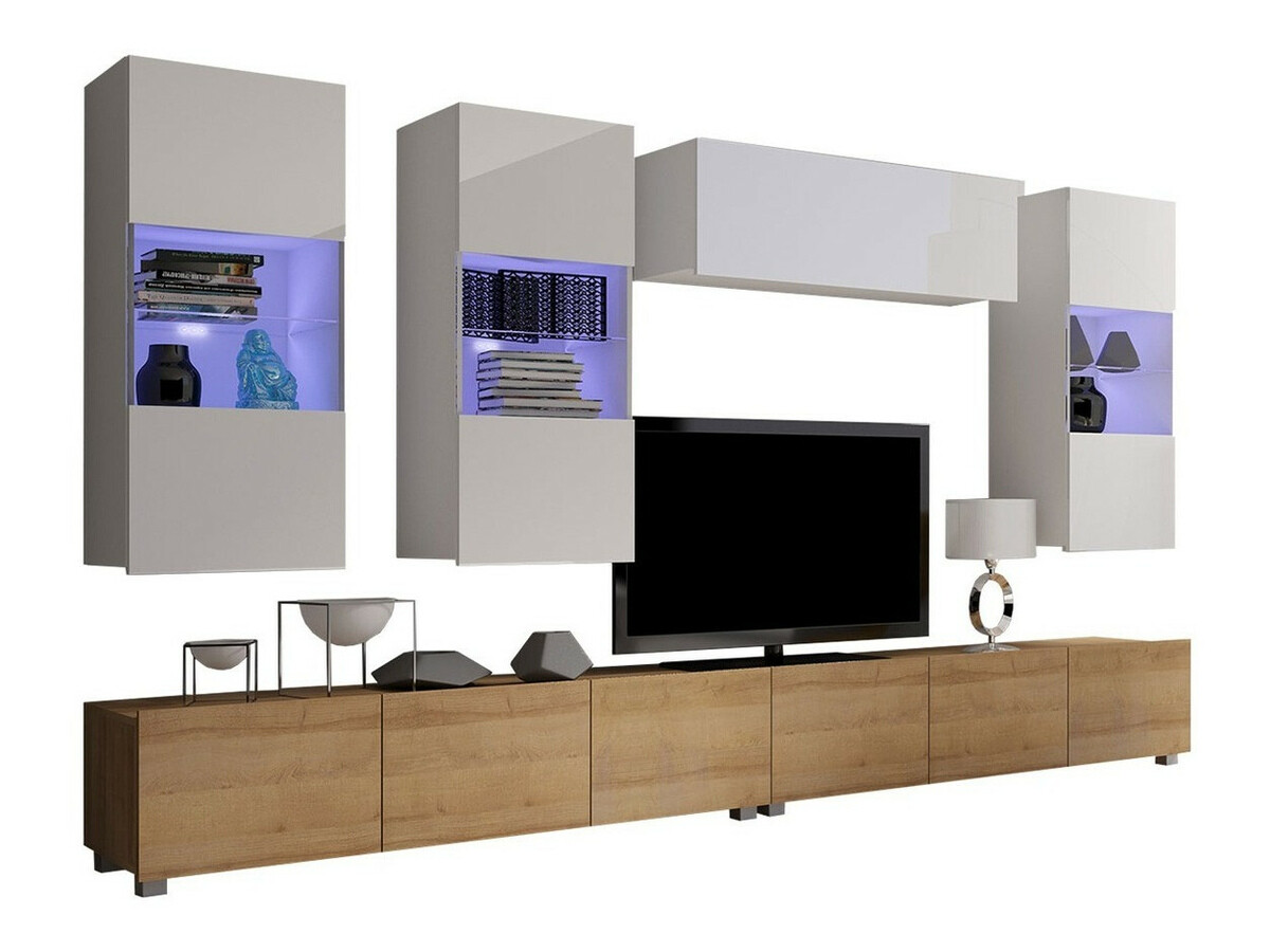 Ensemble de salon Remus V (Chêne doré + Blanc + Blanc brillant)