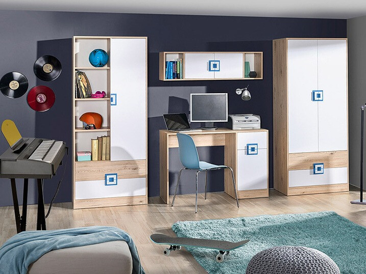 Bureau Balvire 110 (Chêne clair + Blanc + Turquoise)