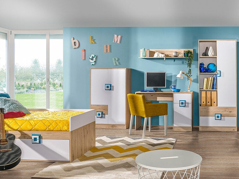 Bureau Balvire 110 (Chêne clair + Blanc + Turquoise)