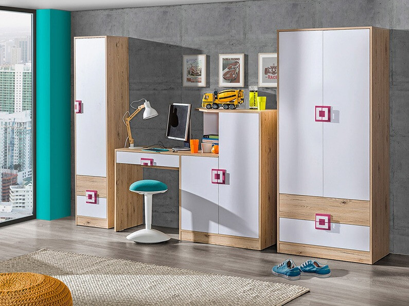 Bureau Balvire 111 (Chêne clair + Blanc + Rose)
