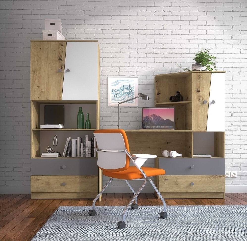 Bureau Mirelbu 110 (Chêne Artisan + Blanc brillant + Gris brillant)