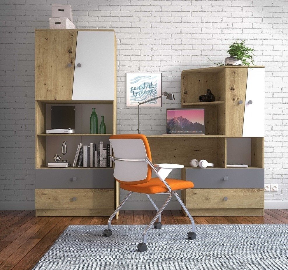Bureau Mirelbu 110 (Chêne Artisan + Blanc brillant + Noir brillant)