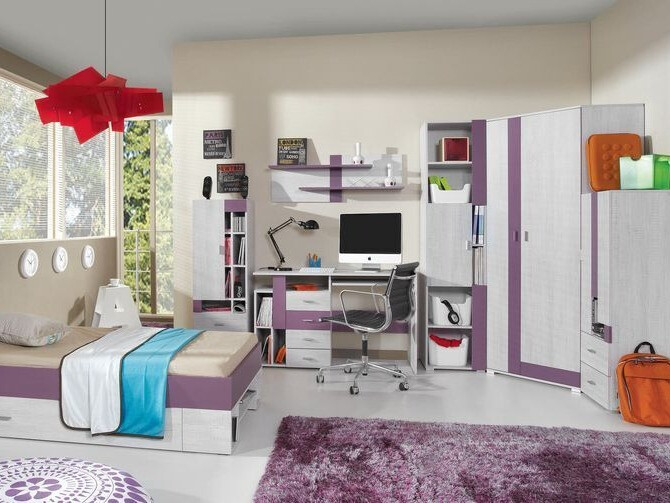 Armoire d'angle Omaha D124 (Pin blanchi + Pourpre)