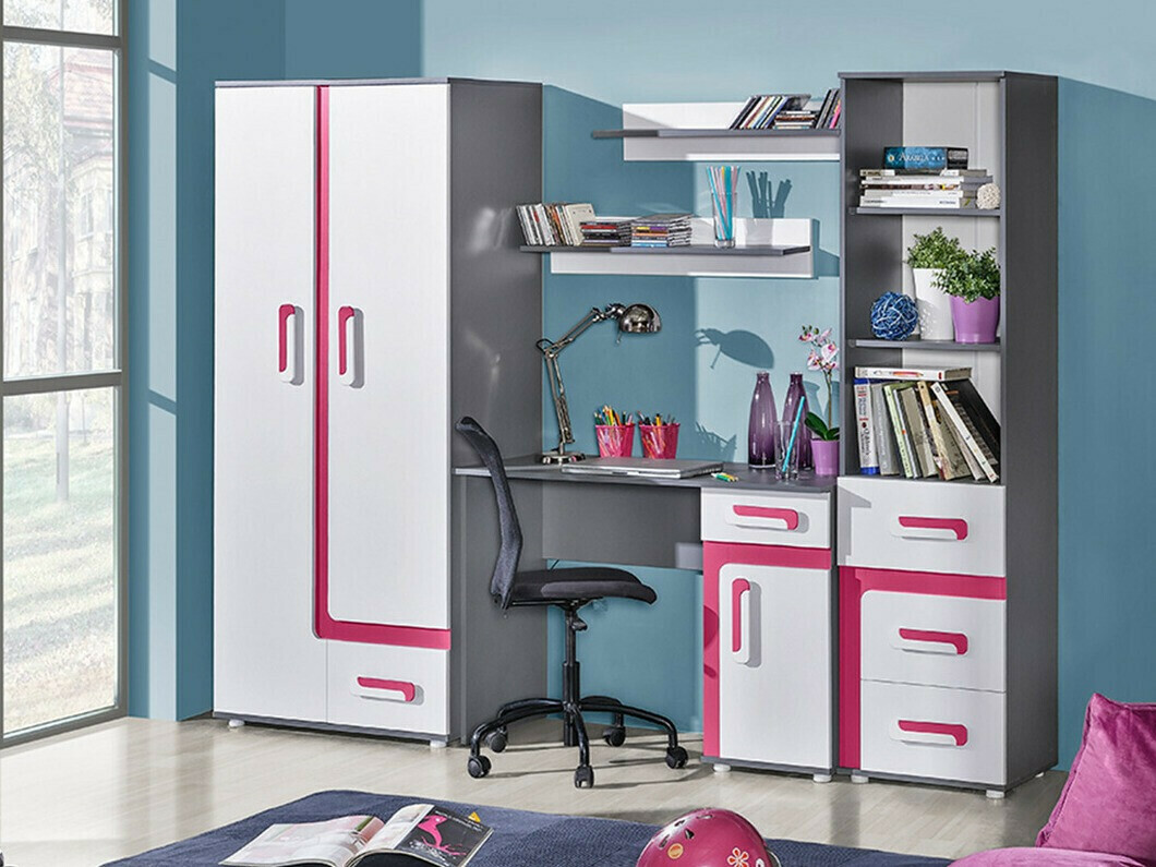 Armoire Levtala 101 (Anthracite + Blanc + Rose)