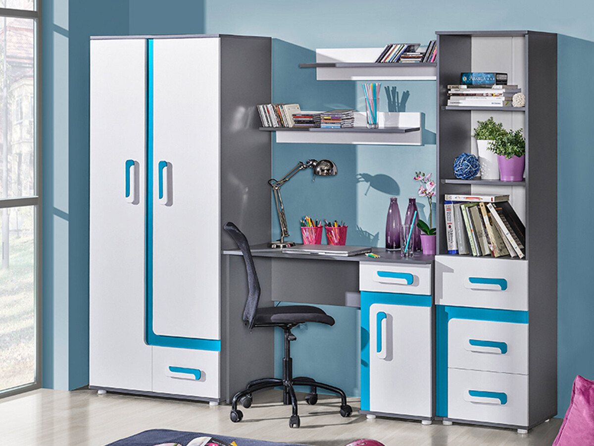 Chambre enfant complète Levtala 116 (Anthracite + Blanc + Turquoise)