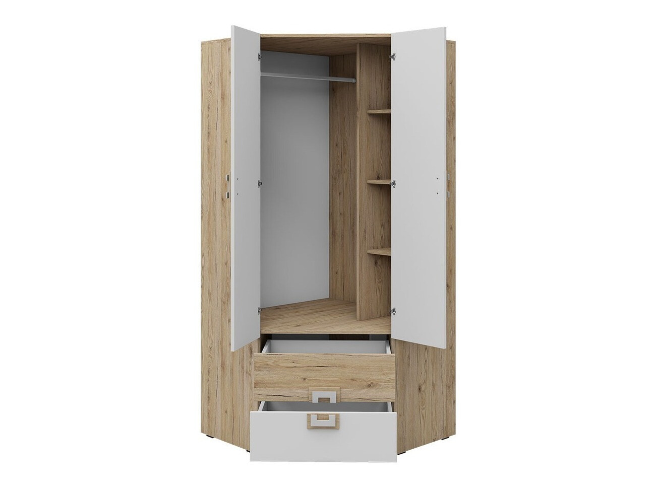 Armoire d'angle Balvire 103 (Chêne clair + Blanc + Gris)
