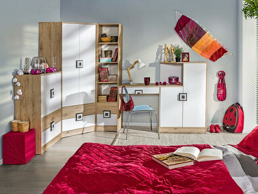 Armoire d'angle Balvire 103 (Chêne clair + Blanc + Rose)
