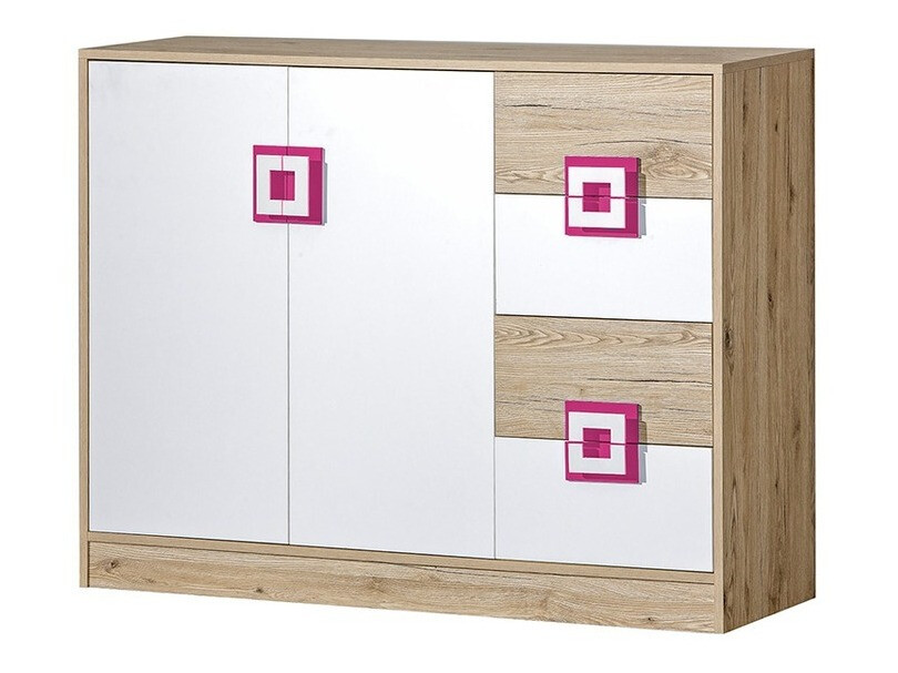 Commode Balvire 100 (Chêne clair + Blanc + Rose)