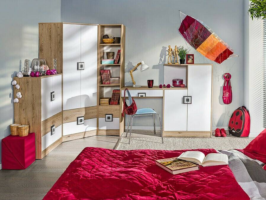 Commode Balvire 109 (Chêne clair + Blanc + Rose)