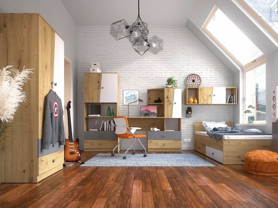 Armoire murale Mirelbu 111 (Chêne Artisan + Blanc brillant + Gris)