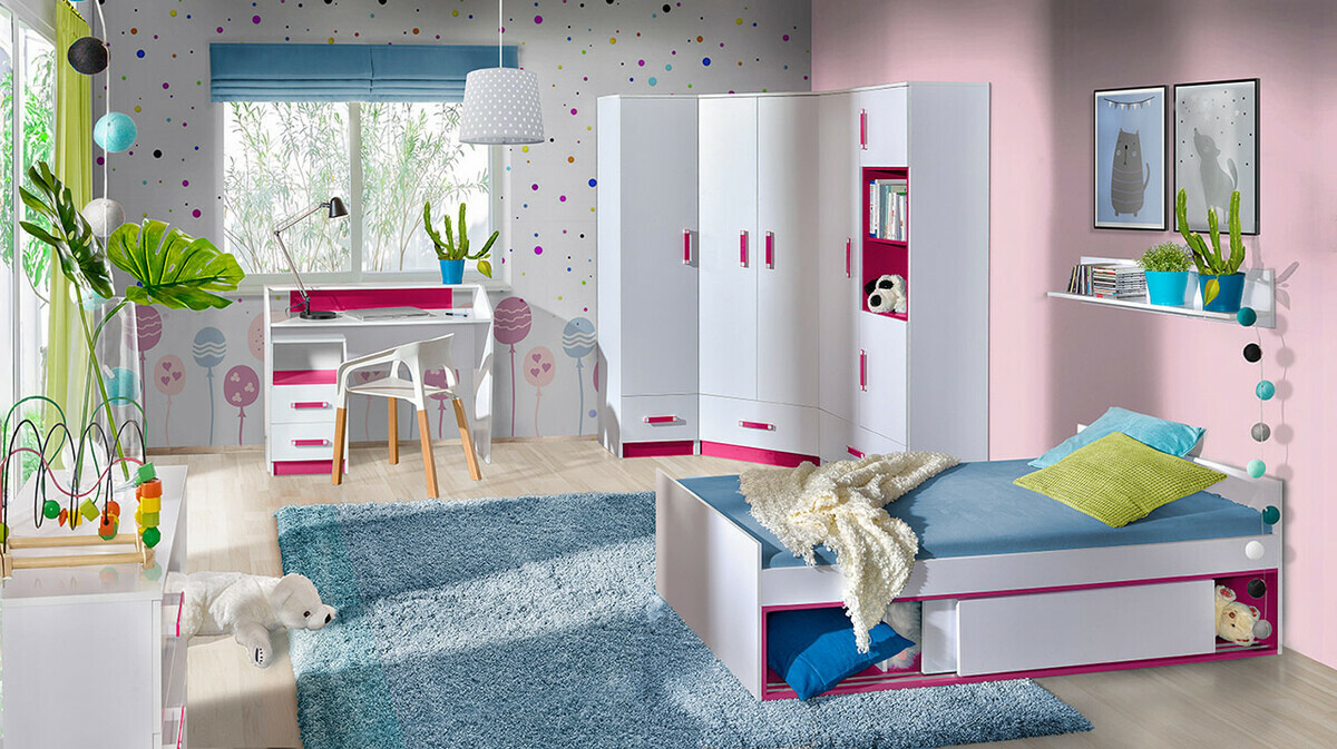 Armoire d'angle Lorlare 112 (Blanc + Rose)