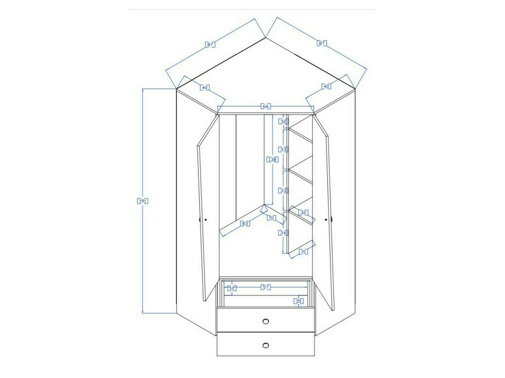 Armoire d'angle Mirelbu 101 (Chêne Artisan + Blanc + Noir)