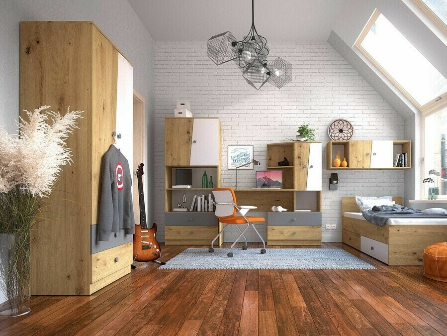 Armoire Mirelbu 100 (Chêne Artisan + Blanc brillant + Gris brillant)