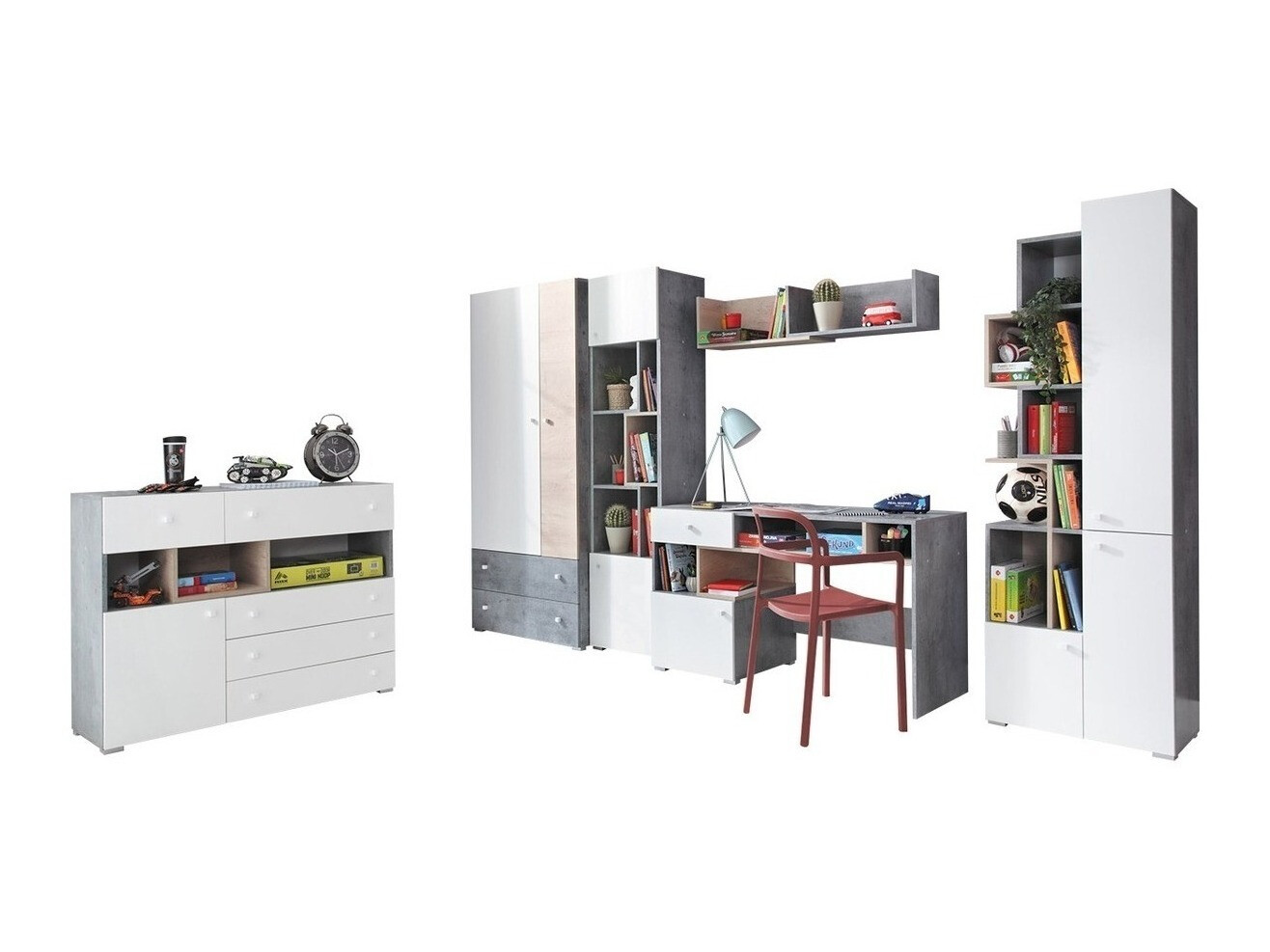 Ensemble de meubles Omaha J120 (Béton + Blanc + Chêne)